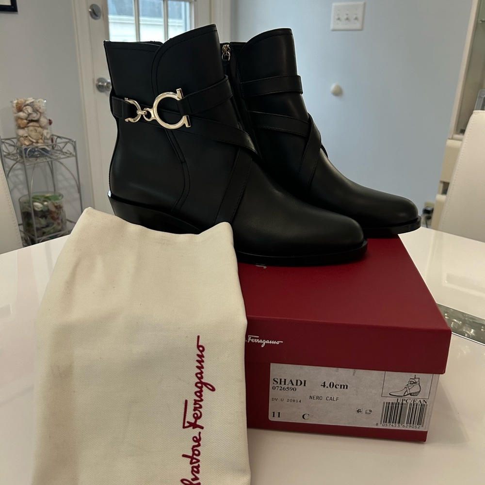 New in box never worn Salvatore Ferragamo Black Ankle Boots with Gold Detail - Picture 3 of 6